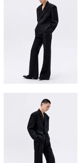Black Waist-cinched Wide-shoulder Herringbone Blazer