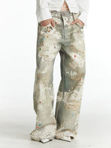 Vintage Digital Lace Print Flare Jeans