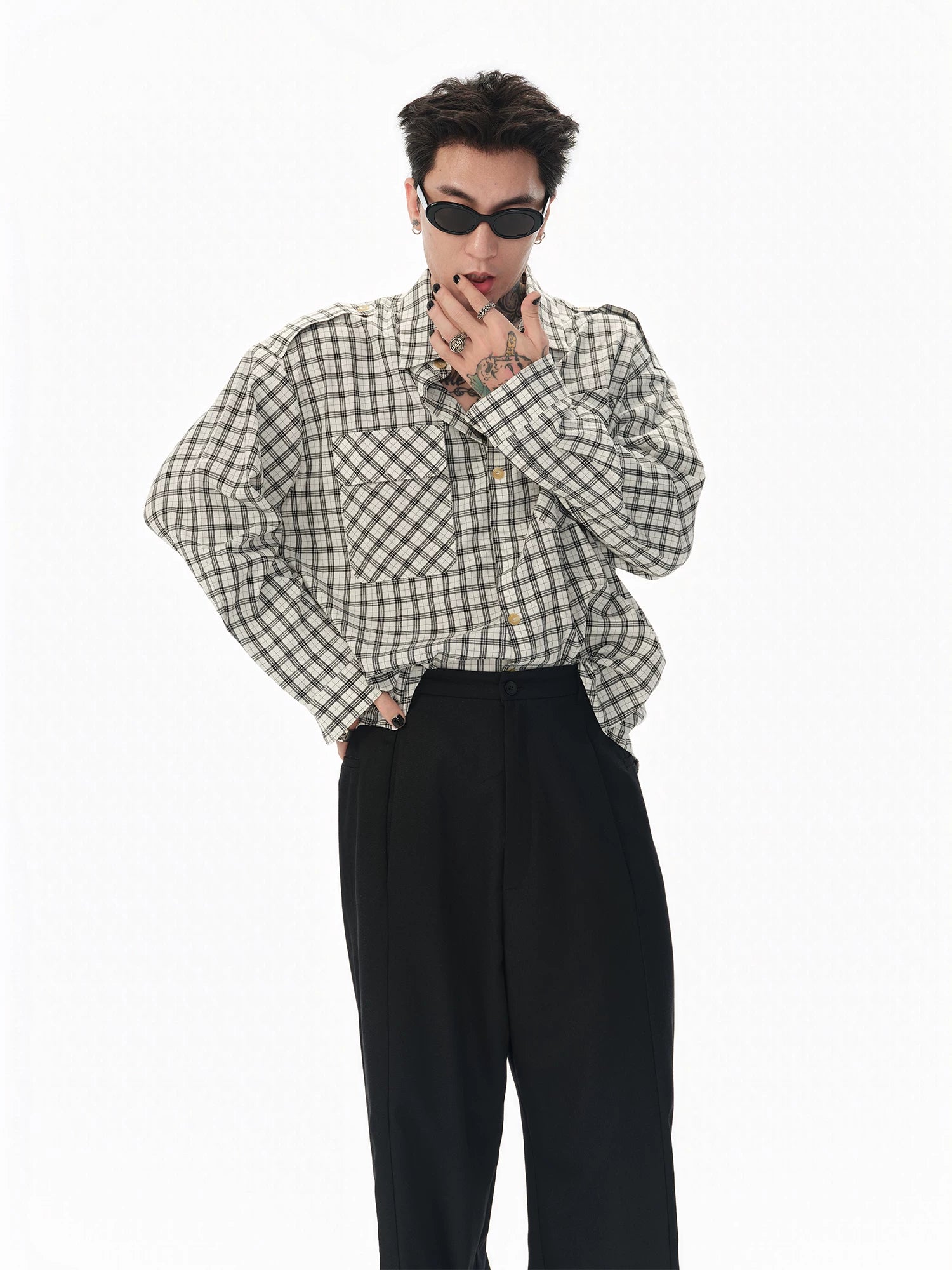 Textured Black White Checkered Utility Shirt