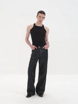 Fitting Waxed Leather Patchwork Straight Jeans