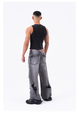 Men's Ripped Baggy Straight Charcoal Jeans