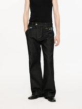 Washed Color-Blocked Floral Jacquard Flare Jeans