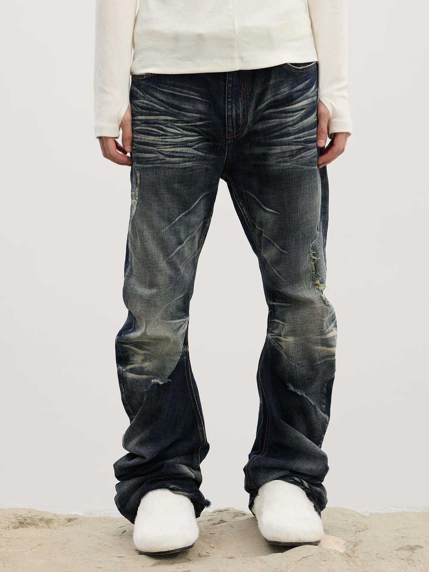 Curved Leg Stretchy Washed Distressed Jeans