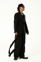 Black Wool Ribbon Pleated Waist-Tailored Blazer