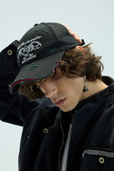 Long Brim Red Embroidered Distressed Cap