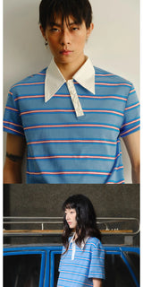 Asymmetric Collar Cropped Slit Polo Shirt