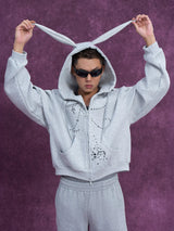 Men's Gray Bunny Ears Printed Hoodie