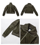 Army Green Ribbed Zip Lapel Jacket