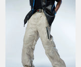 Men's Two-Tone Distressed Straight Leather Pants
