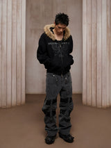 Heavy-Washed Paneled Curved Multi-pocket Cargo Jeans