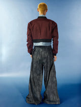 Cropped Two-Piece Maroon Denim Bomber Jacket