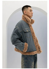 Unisex Vintage Faux Shearling Denim Puffer