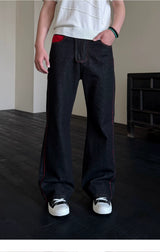 Men's Embroidered Flared Raw Denim Jeans
