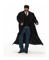 Men's Long Black Double-breasted Wool Coat