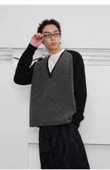 Men's Loose Colorblock V-neck Wool Sweater