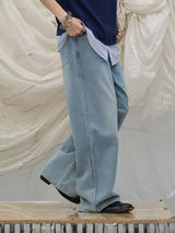 Washed Semi-Zip Relaxed Straight Leather-Patch Jeans