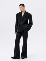 Black Waist-cinched Wide-shoulder Herringbone Blazer