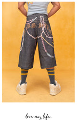 Unisex Blue Chain Print Cropped Jeans