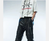 Men's Two-Tone Distressed Straight Leather Pants