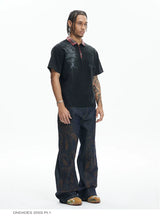 High-Density Embroidery Flared Raw Denim Jeans