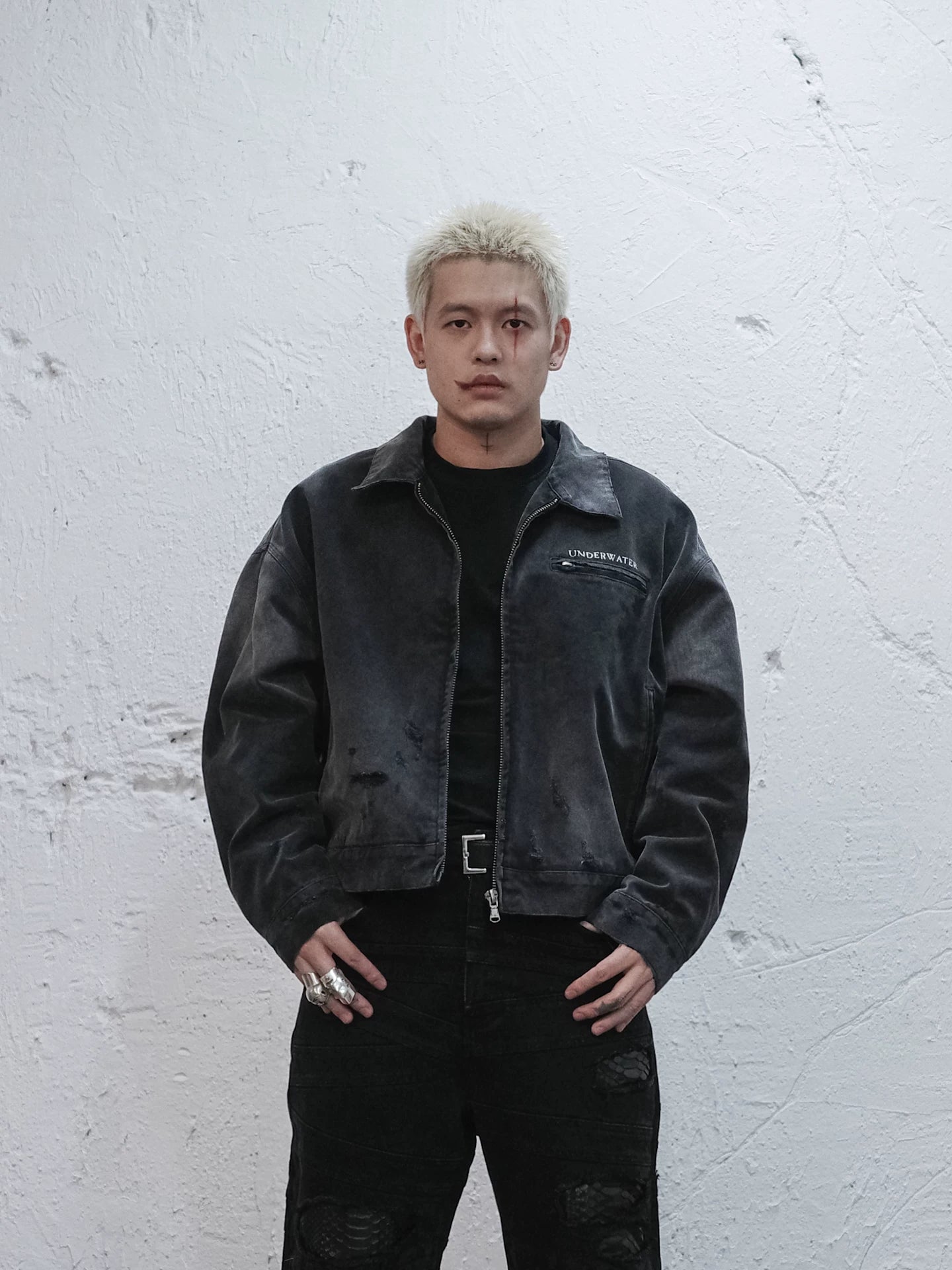 Washed Distressed Printed Gradient Detroit Jacket