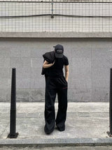 Black Loose Pleated Flare Cotton Sweatpants