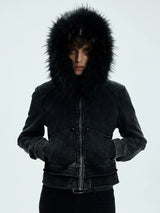 Washed Detachable Fur Zip Hoodie
