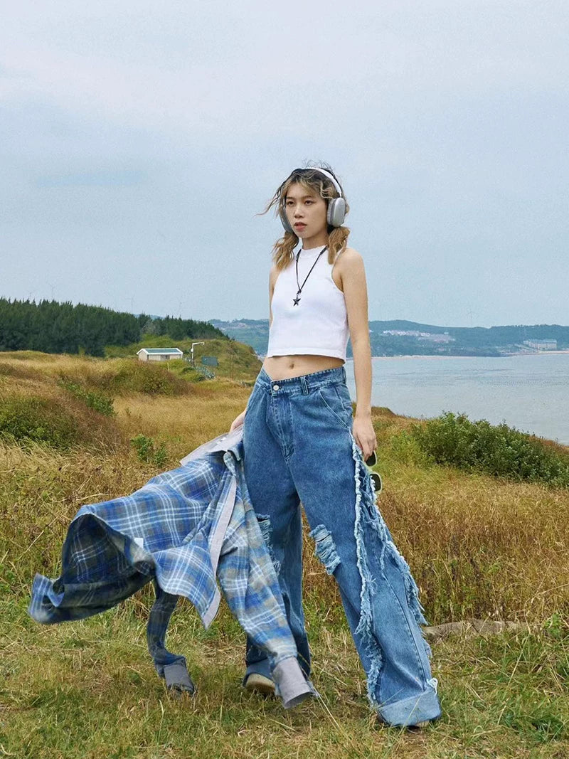 Loose Fit Distressed Washed Cotton Jeans