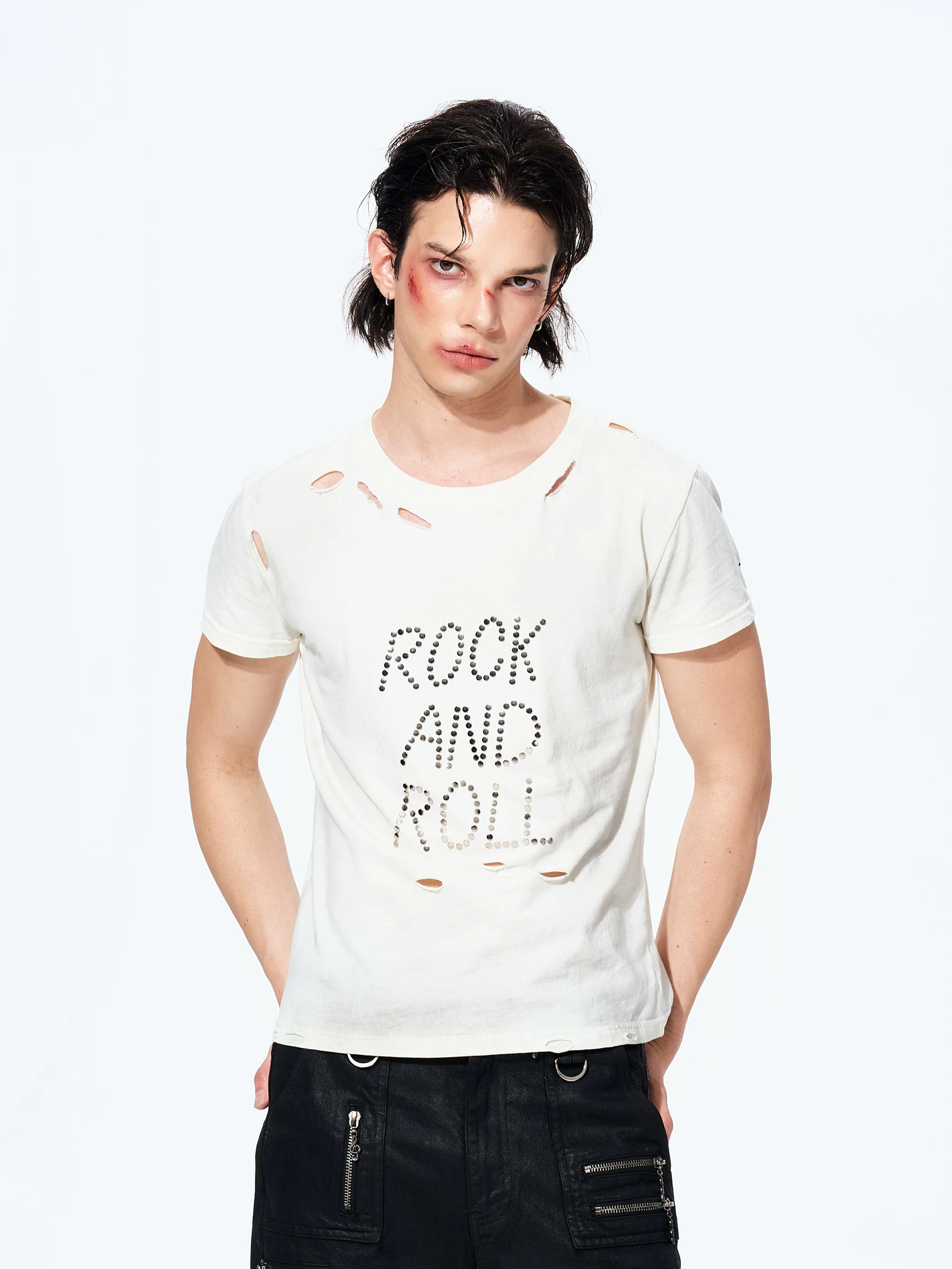Unisex Rivet Letter Washed Distressed Tees