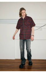 Men's Frayed Plaid Zip Short-sleeved Shirt