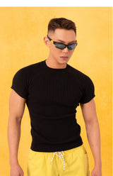 Men's Black Striped Knit Raglan Tee