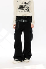 Washed Printed French Blue Cargo Pants