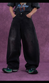 Men's Faded Black Curved Wide Jeans