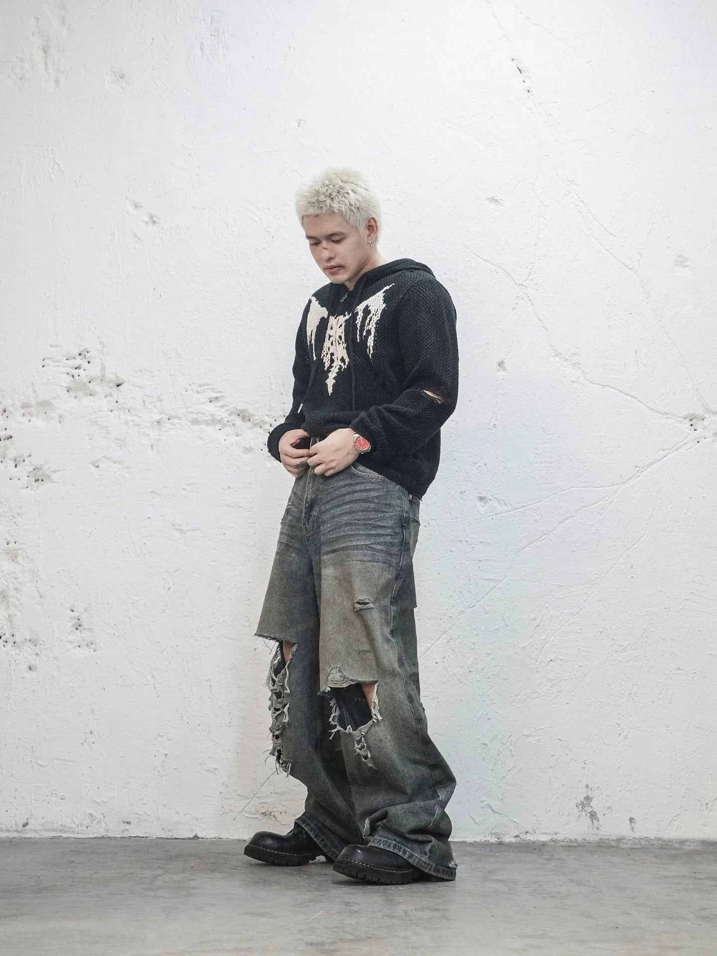 Devil Bone Jacquard Distressed Zip Cardigan