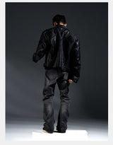Dark Zip-Up Padded Biker Leather Jacket