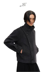 Collared Buttoned Adjustable Waist Wool Jacket