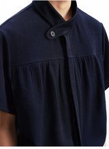 Navy Blue Pleated Short Sleeve Shirt