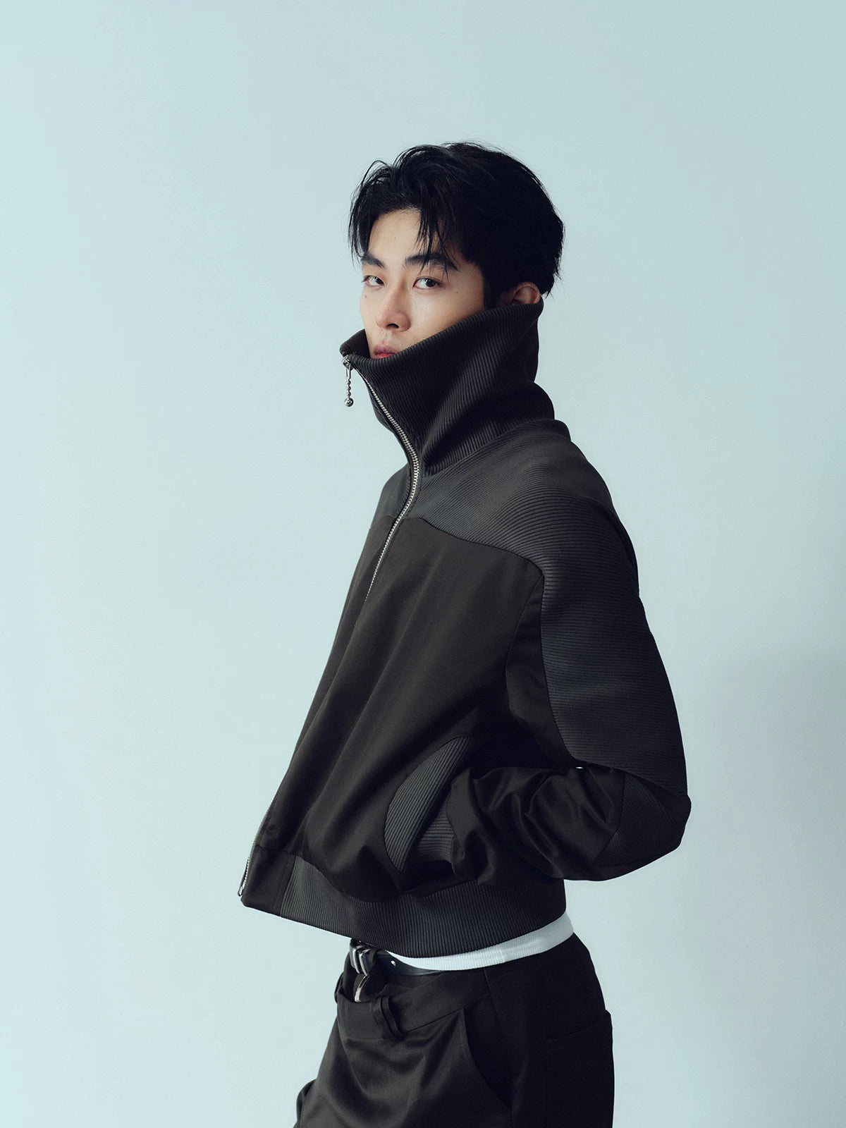 Army Green Ribbed Zip Lapel Jacket