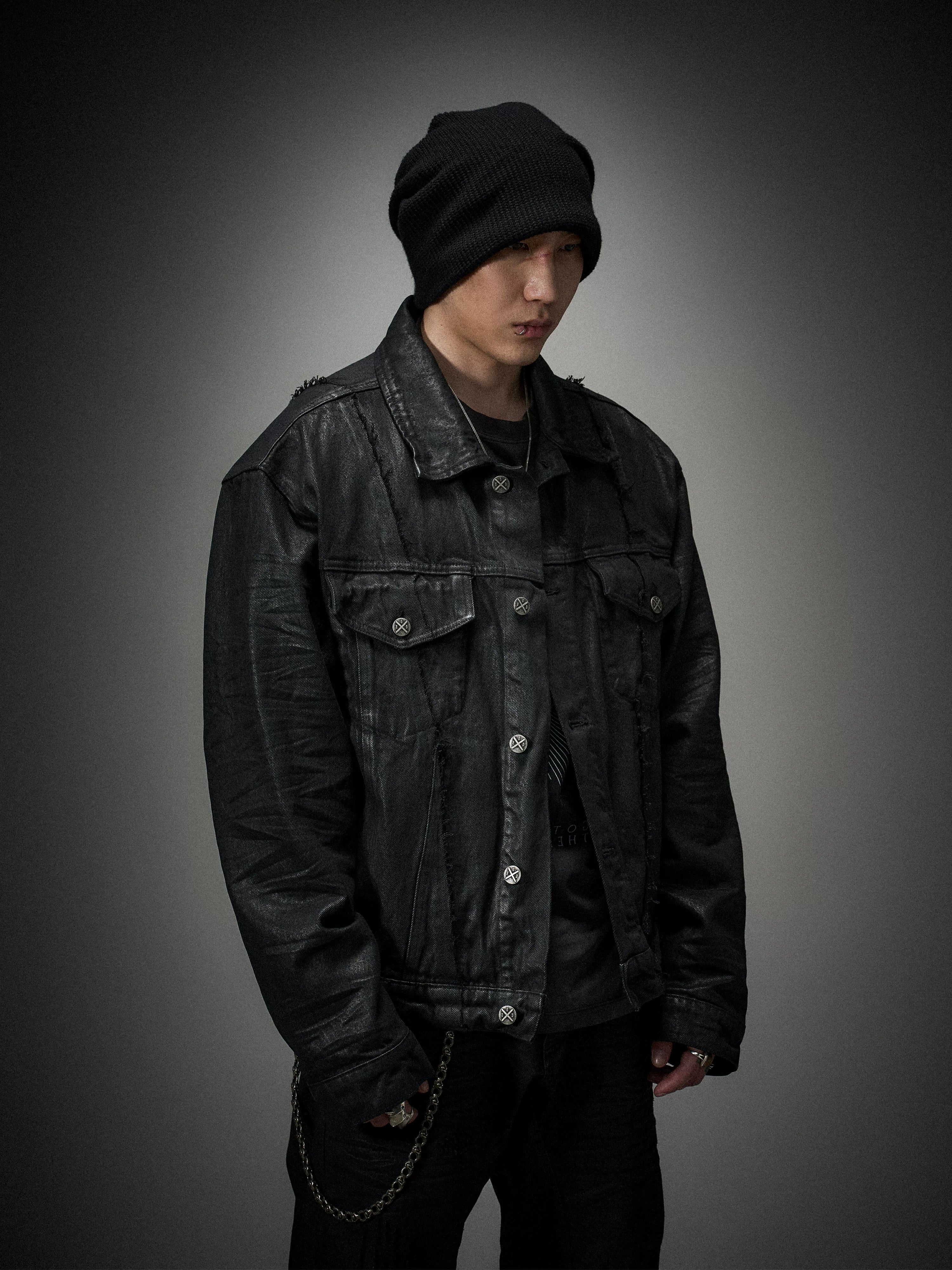 Dark Distressed Patchwork Relaxed Denim Jacket