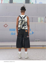 Bat Embroidered Double Waist Denim Shorts