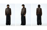 Cropped Double Zipper Waxed Leather Jacket