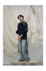 Washed Semi-Zip Relaxed Straight Leather-Patch Jeans