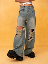 Men's Blue Distressed Wide Leg Jeans