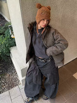 Oversized Washed Striped Removable Flap Jeans