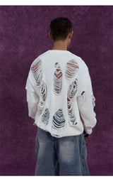 Black White Ripped Cutout Knit Sweater