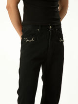 Men's Black Metal Buckle Jeans