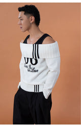 Loose Unisex White Off-shoulder Turtleneck Sweater