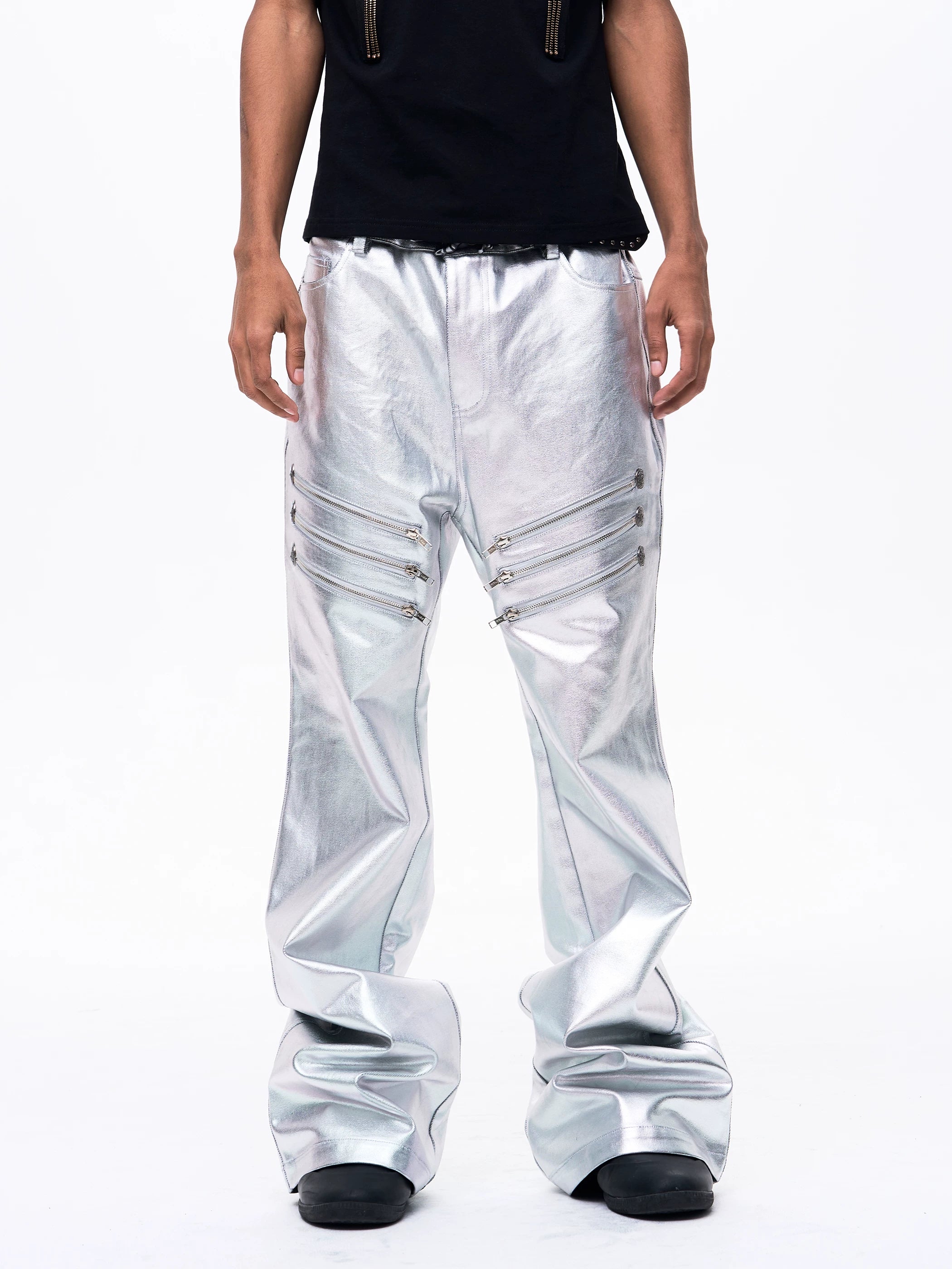 Men's Liquid Metal Silver Flared Jeans