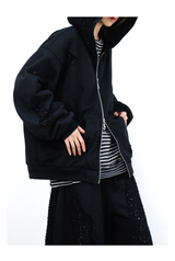 Detachable Dual Hood Rhinestone Zip Hoodie