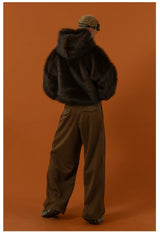 Black Red Hooded Faux Fur Coat